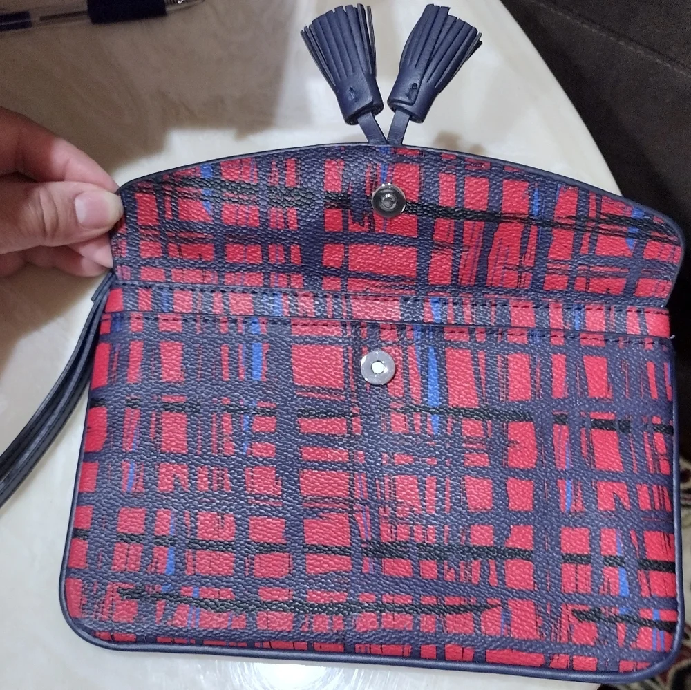 Vera Bradley Tassel Wristlet in Navy/Red Art Plaid